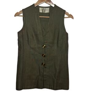 1960’s Linda Kinoshito New York US Couture Green Linen Gold Buttons Vest